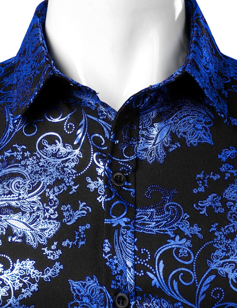 ZEROYAA Men's Luxury Paisley Dress Shirt Shiny Floral Printed Button Down Shirts for Party Prom ZLCL18 Black Royal Small - Image 3